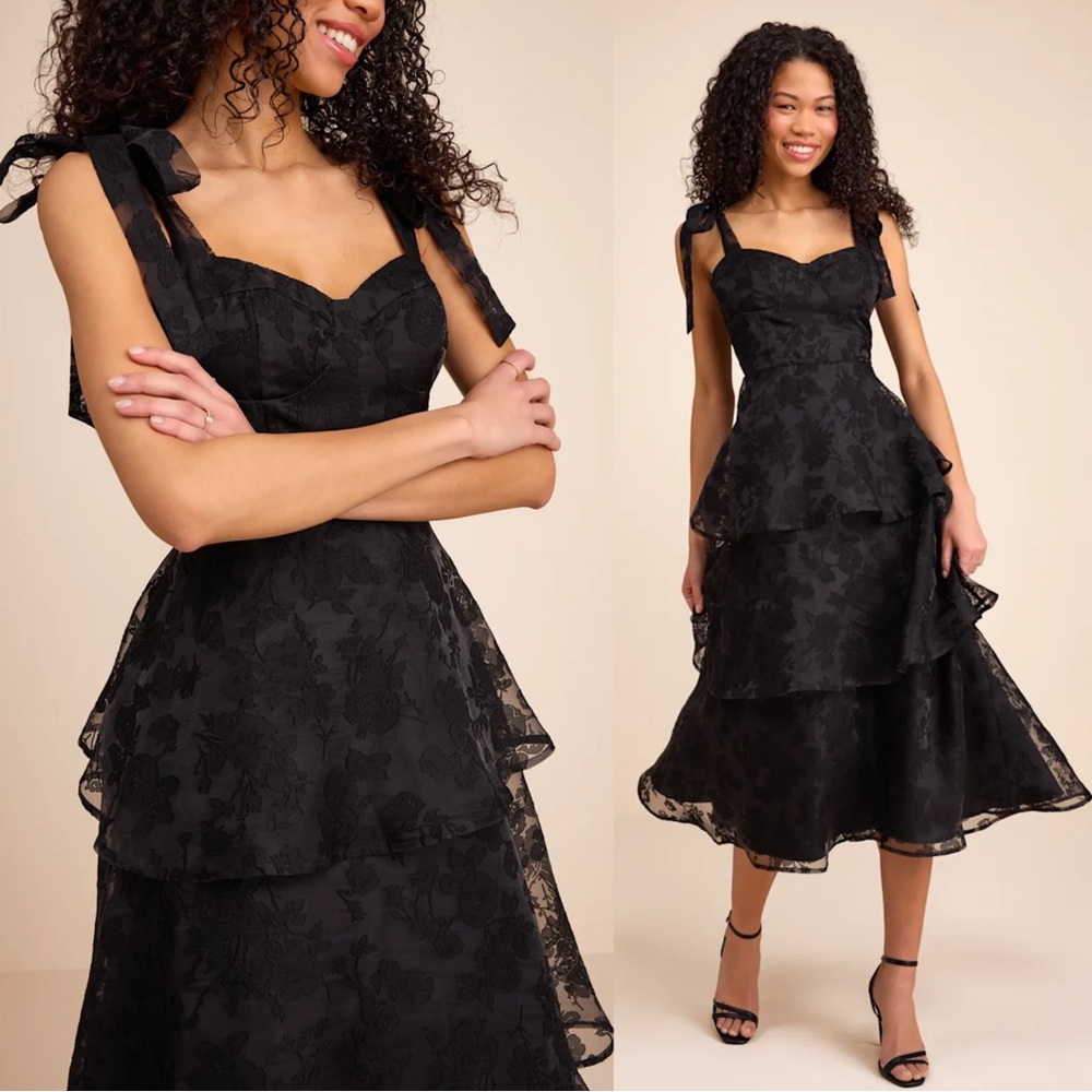 Lulus Glamorous Sweetie Black Burnout Tie-Strap Bustier Midi Dress XL LBD Floral